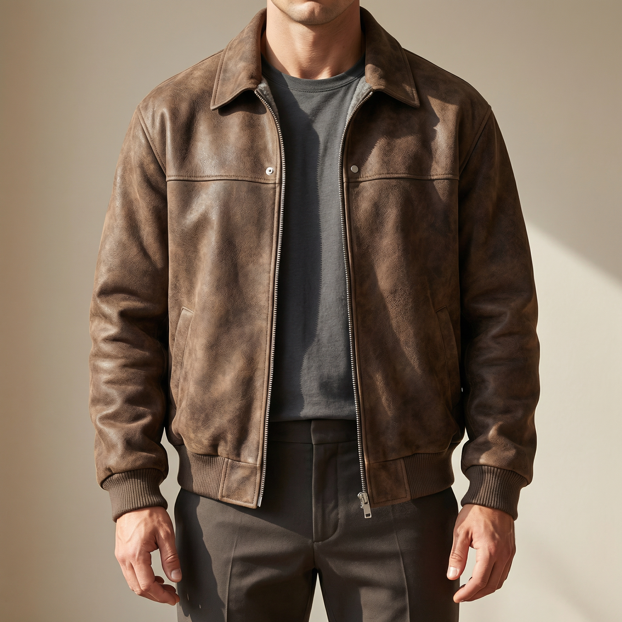Jacob | Men's Vintage Brown Leather Bomber Jacket