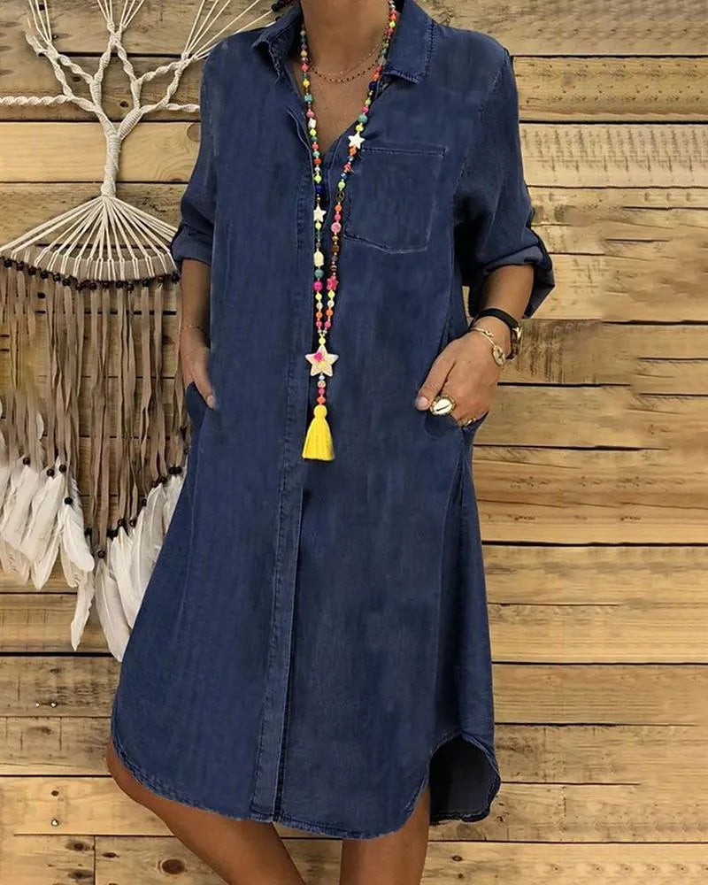 Elvina | Denim Button-Front Shirt Dress with Chest Pocket