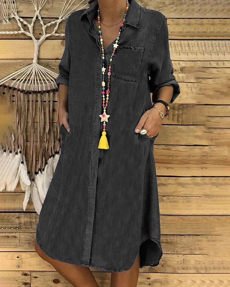 Elvina | Denim Button-Front Shirt Dress with Chest Pocket