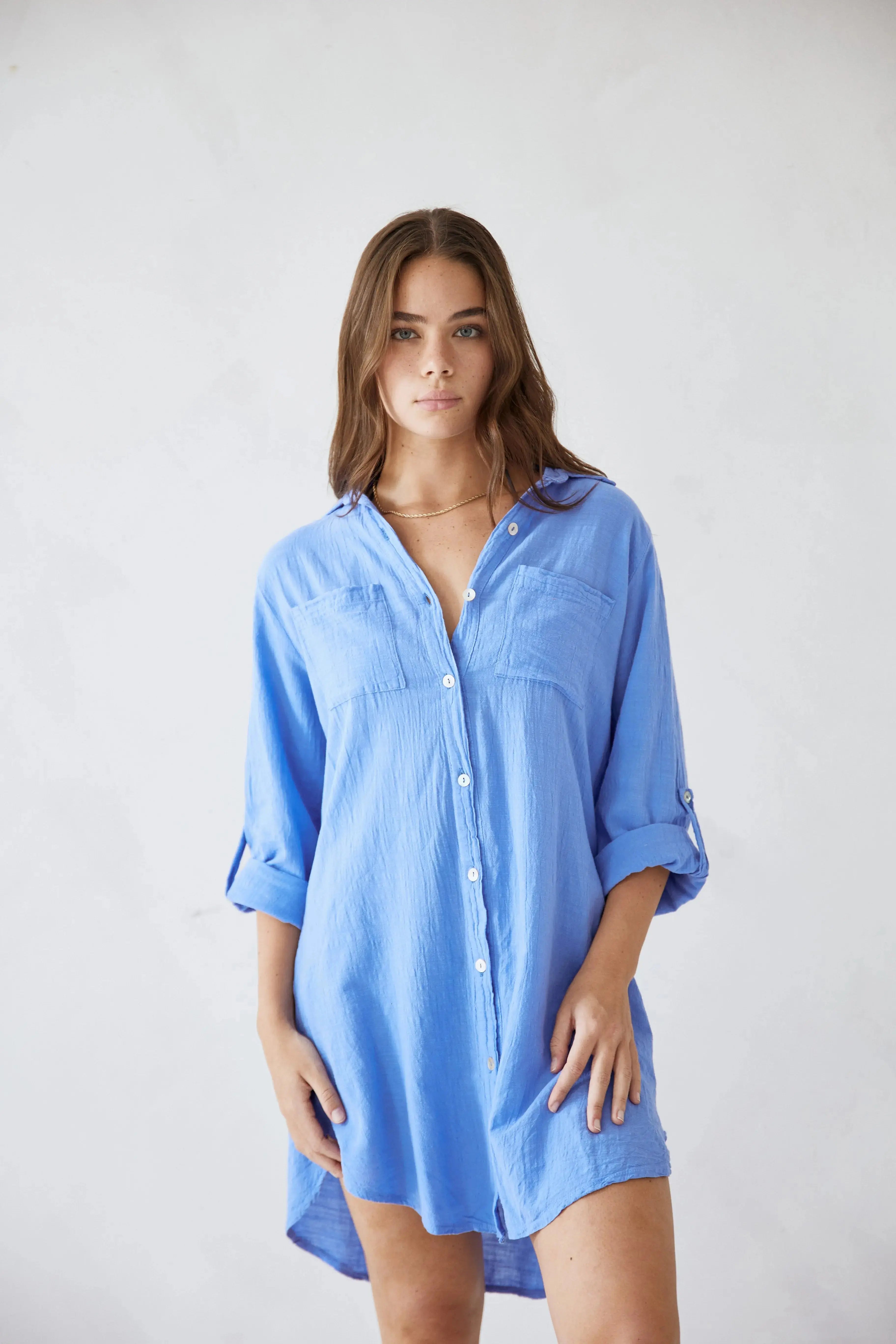 Elaris | Oversized Button-Down Shirt Dress with Chest Pockets