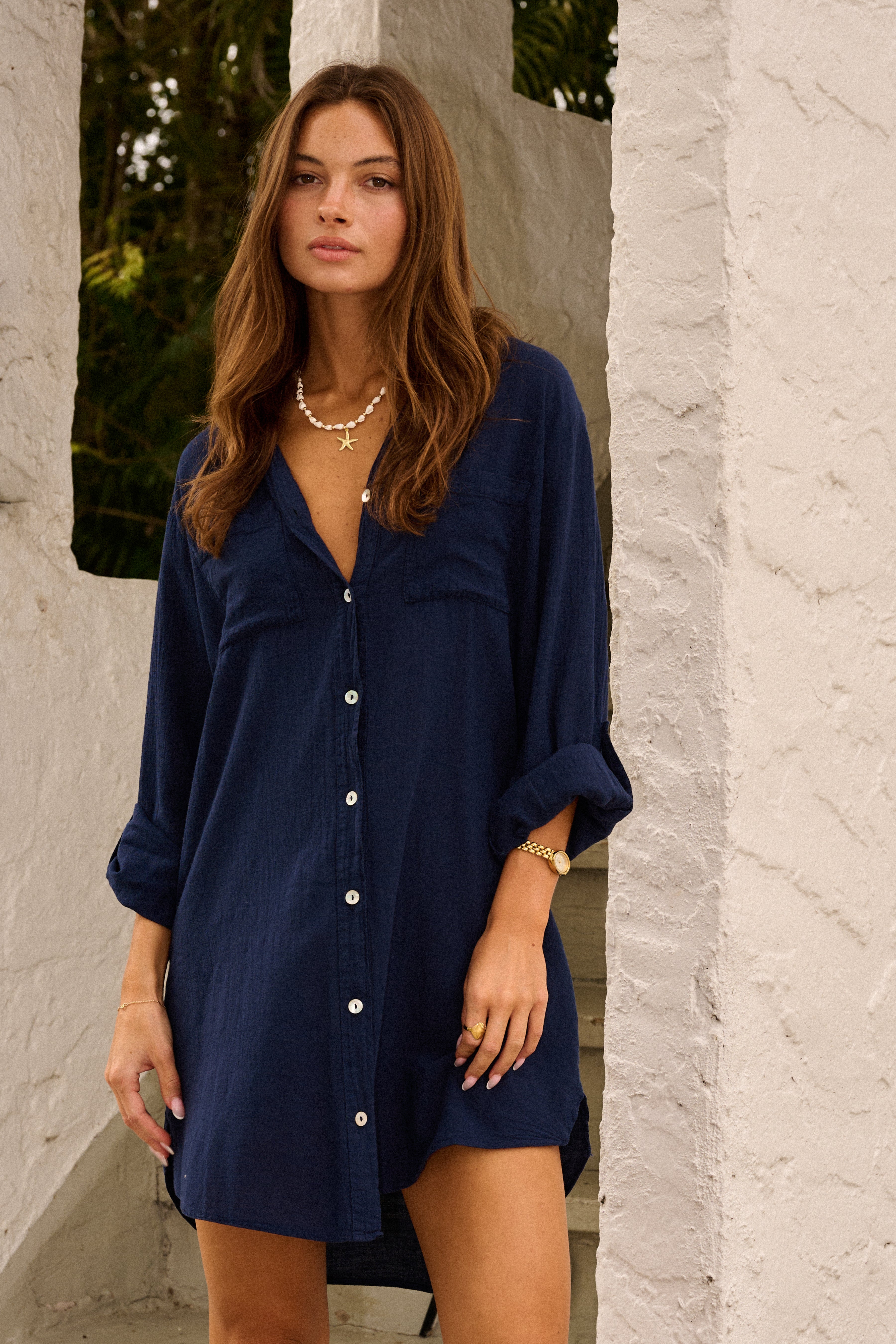 Elaris | Oversized Button-Down Shirt Dress with Chest Pockets