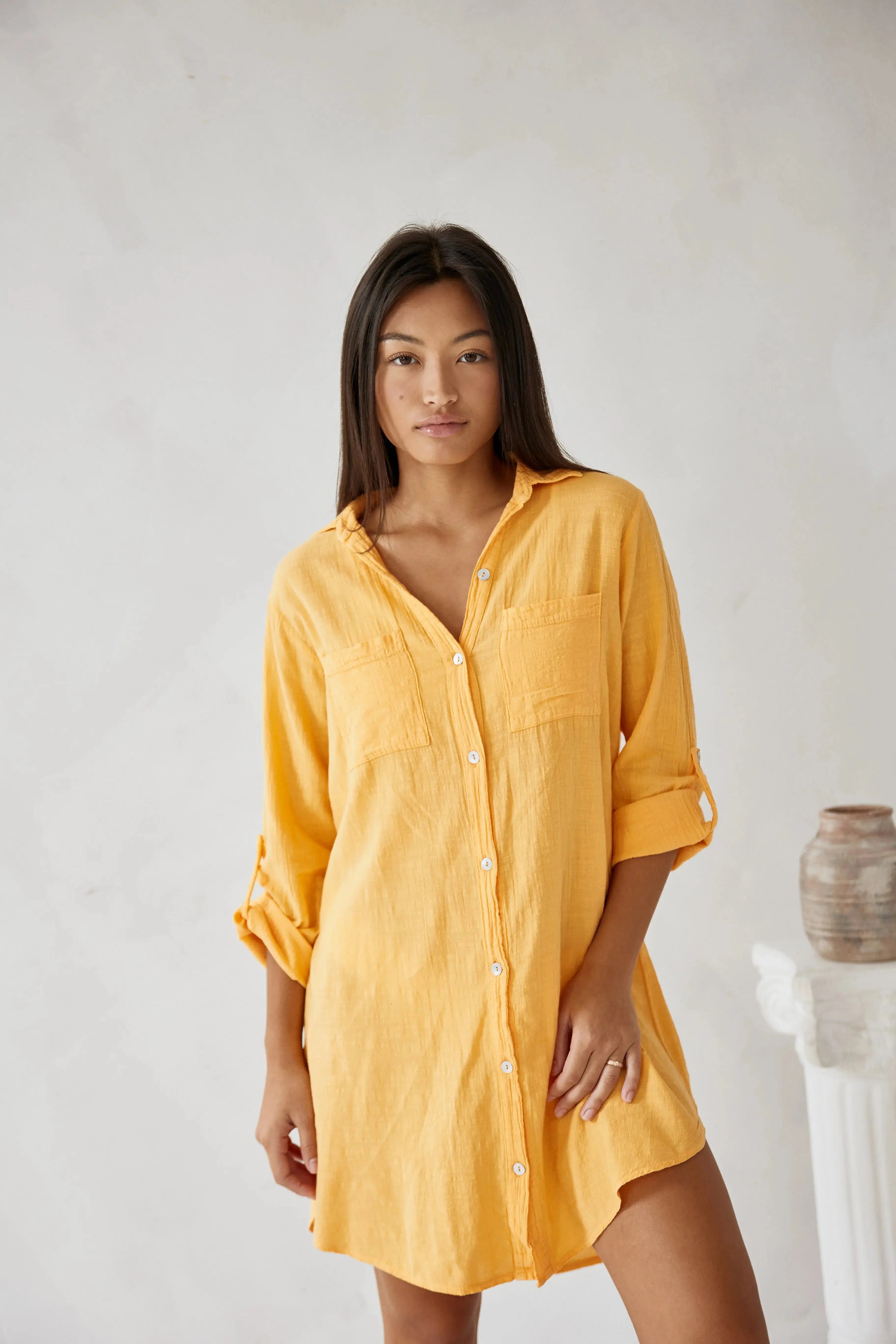 Elaris | Oversized Button-Down Shirt Dress with Chest Pockets