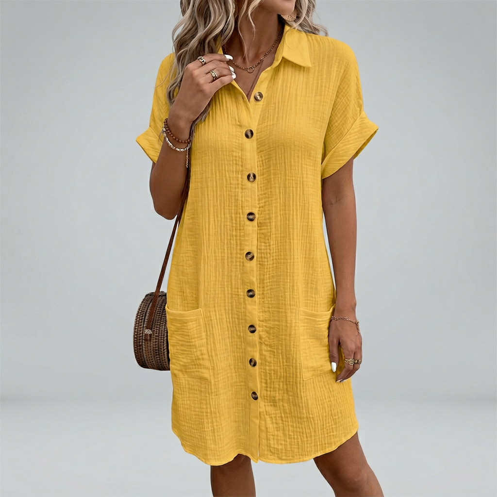Selene | Button-Front Shirt Dress with Short Sleeves and Pockets