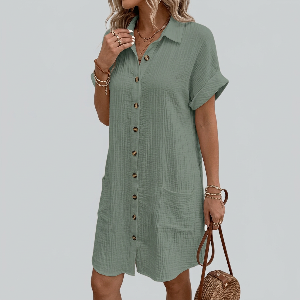 Selene | Button-Front Shirt Dress with Short Sleeves and Pockets