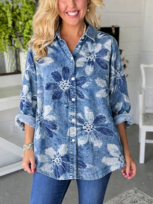 Flora | Women's Floral Denim Button-Up Shirt