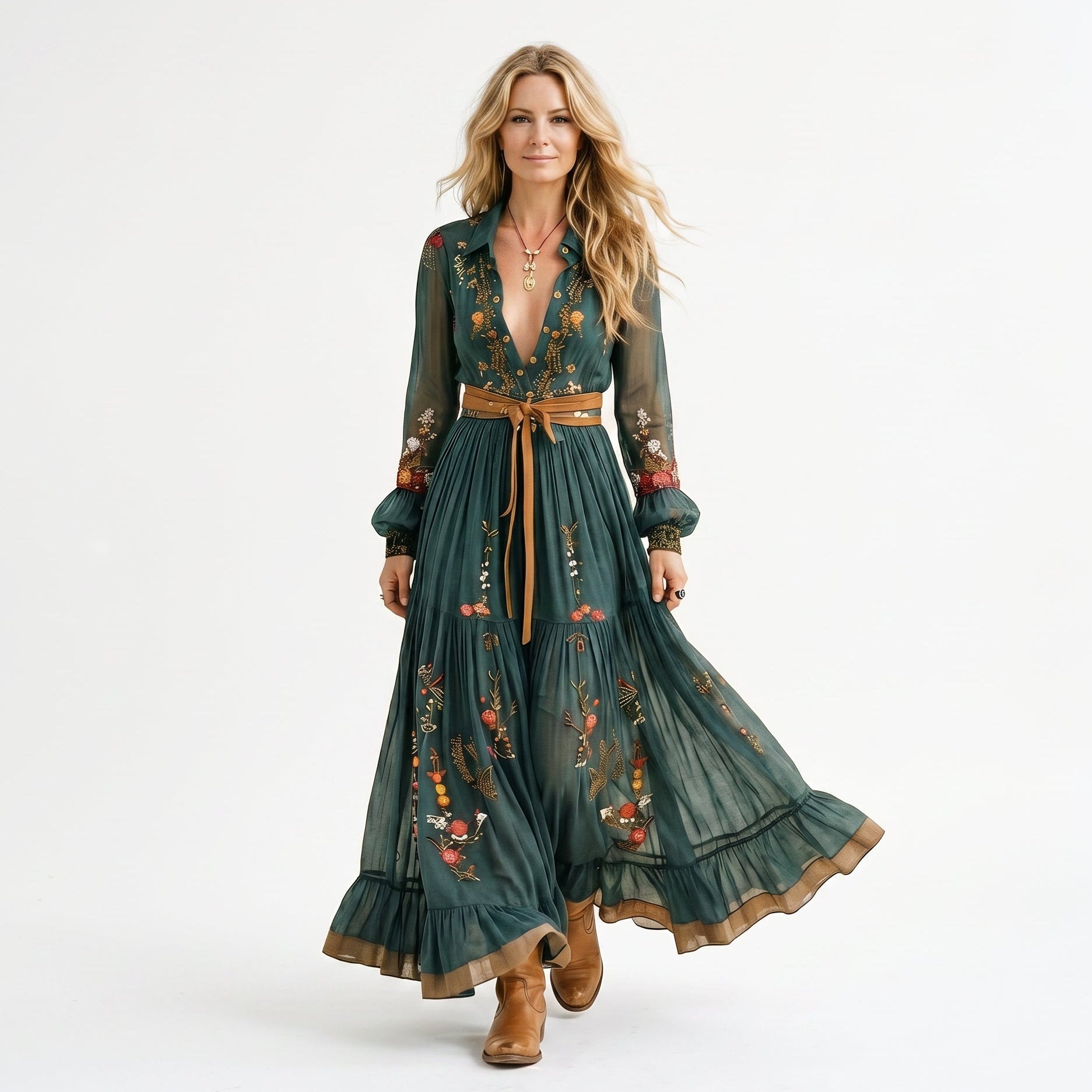 Maria | Boho Embroidered Long Sleeve Maxi Dress