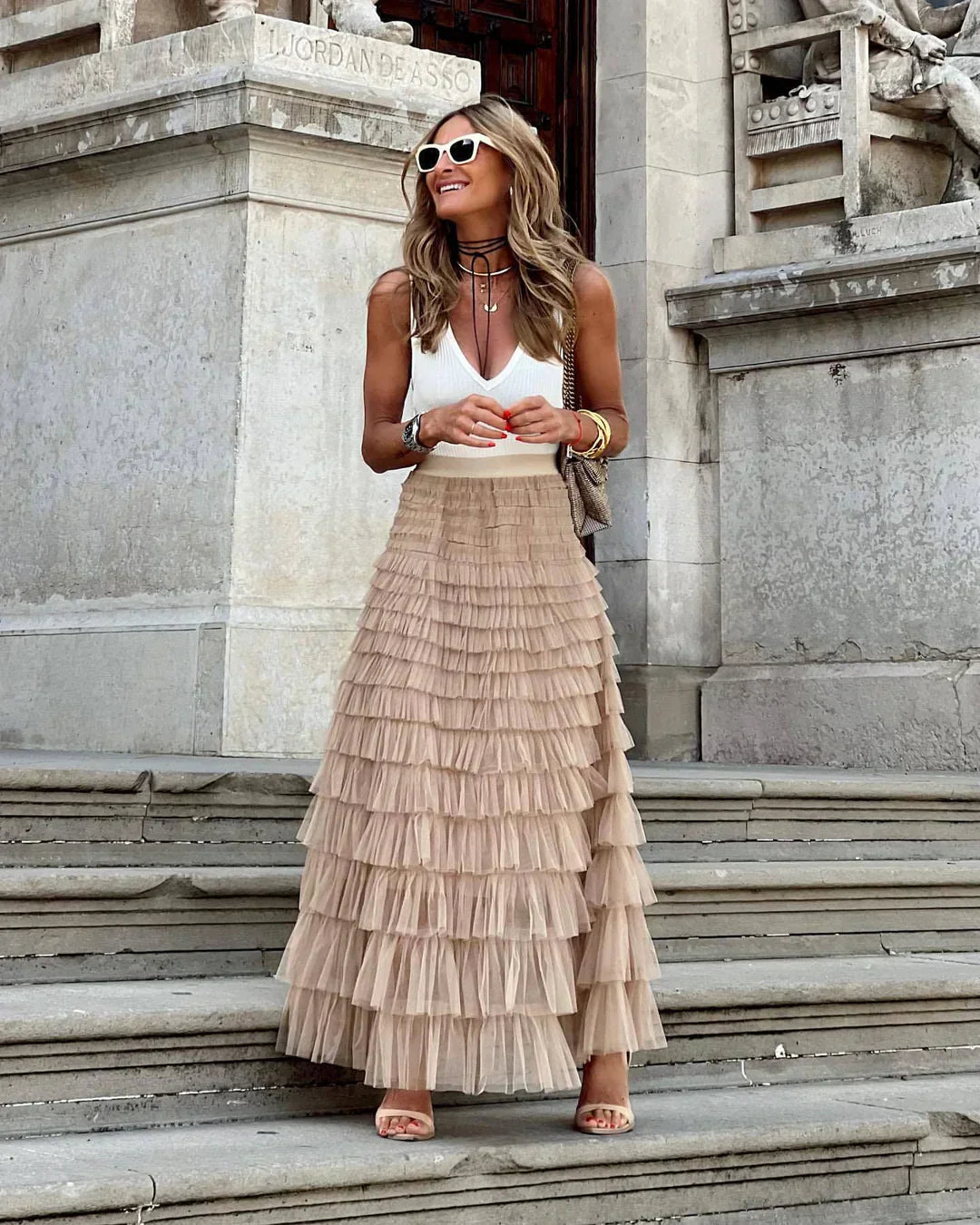 Serelise | Layered Tulle Elastic Waist Maxi Skirt