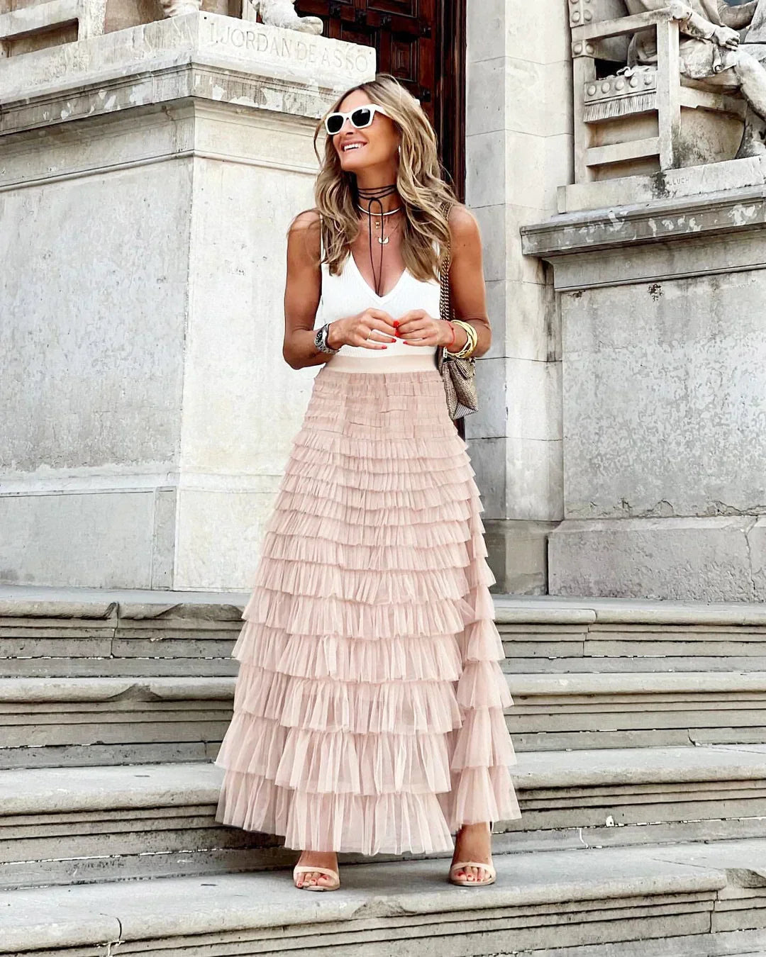 Serelise | Layered Tulle Elastic Waist Maxi Skirt