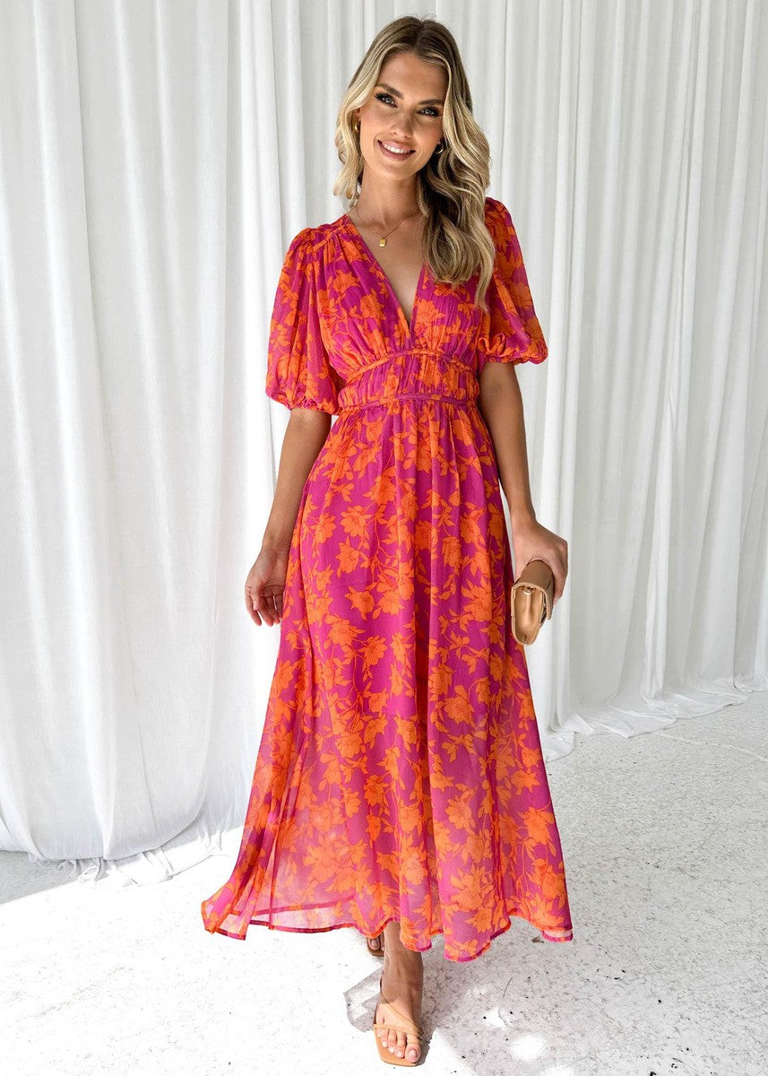 Solara | Floral Puff Sleeve Midi Dress