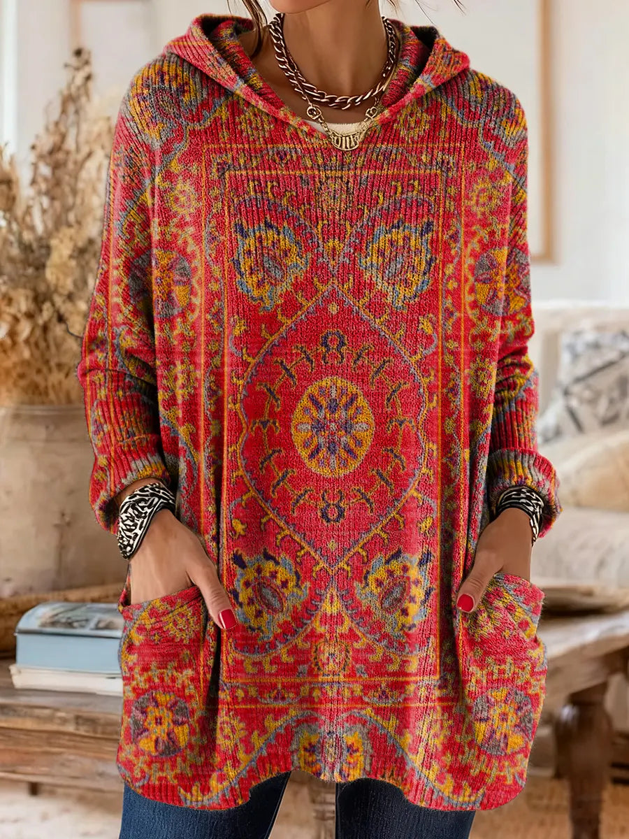 Mira | Women's Boho Hooded Knit Sweater with Ethnic Print