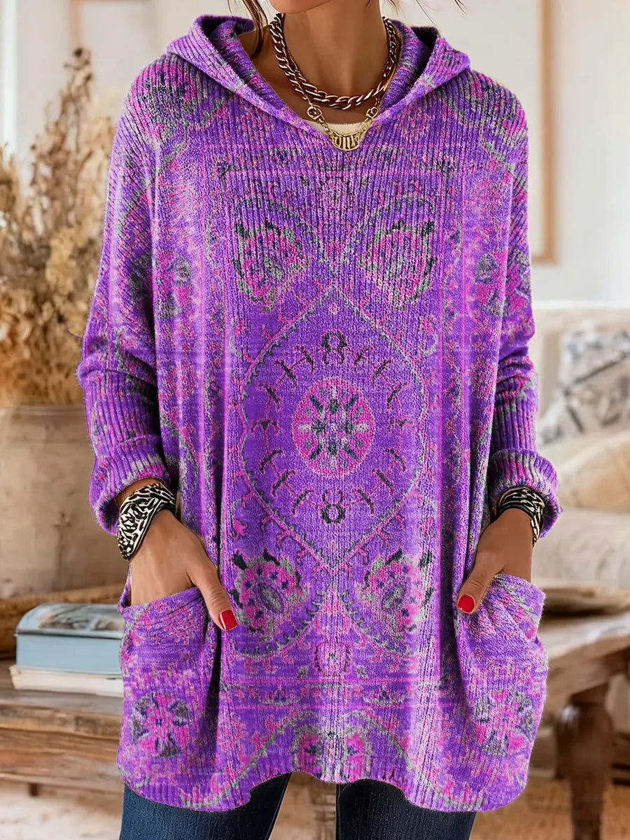 Mira | Women's Boho Hooded Knit Sweater with Ethnic Print