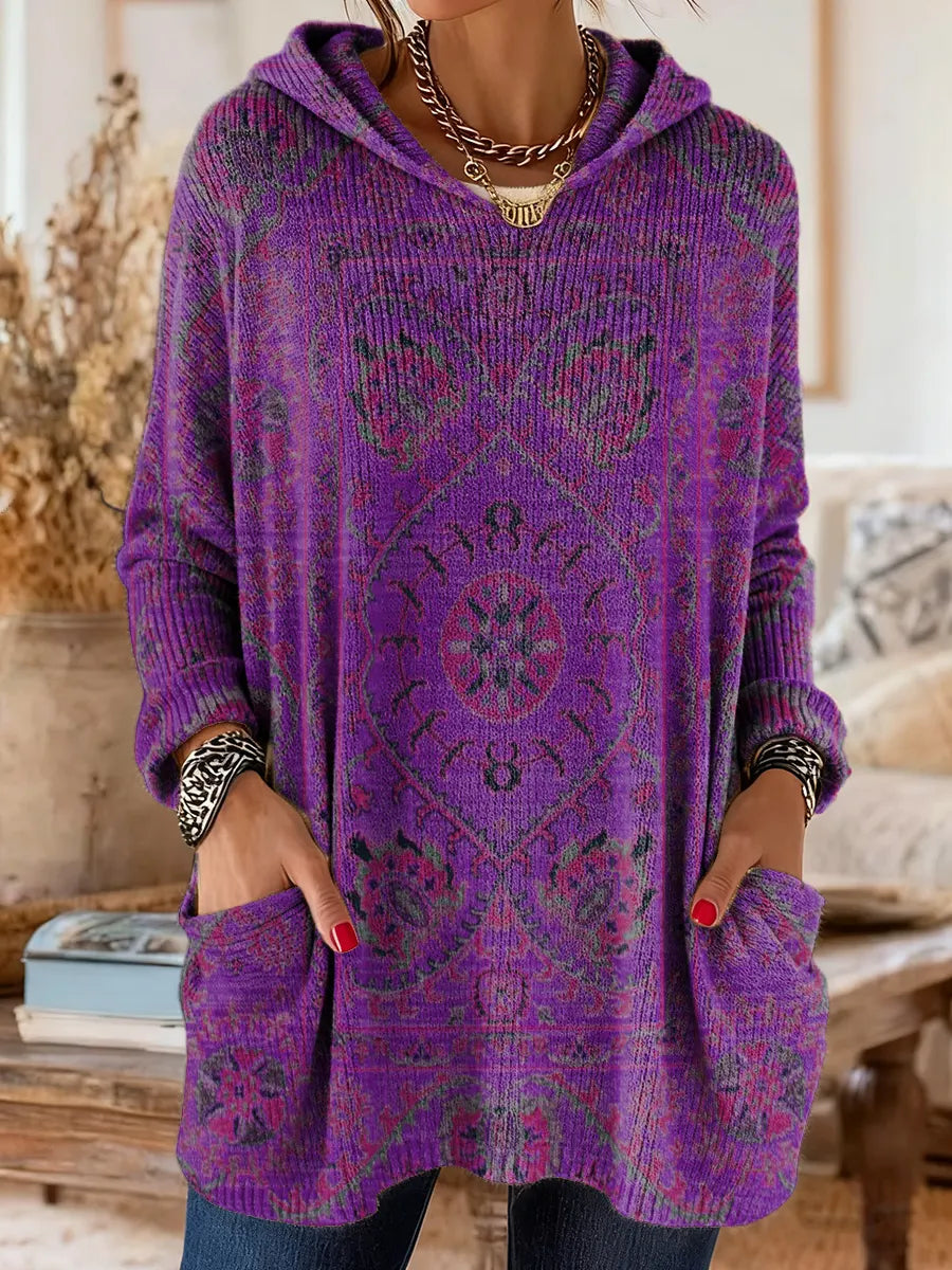 Mira | Women's Boho Hooded Knit Sweater with Ethnic Print