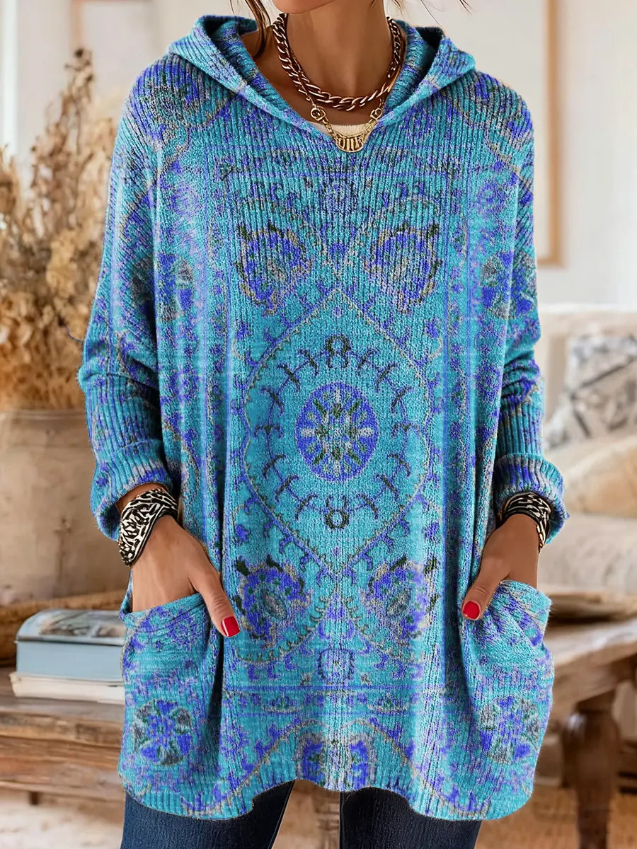 Mira | Women's Boho Hooded Knit Sweater with Ethnic Print