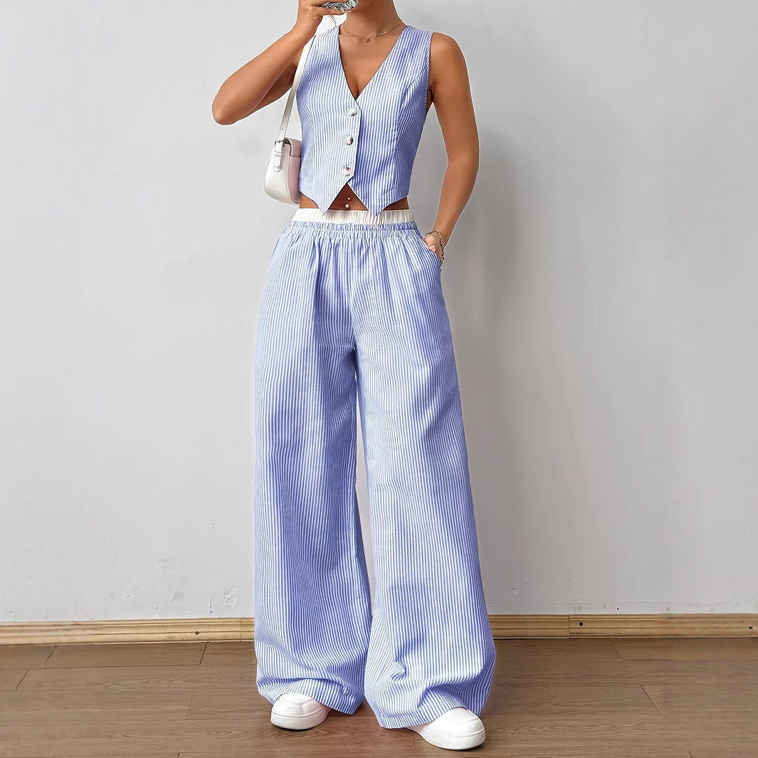 HELENA™ - Elegant Striped Print Vest Top &amp; Wide-Leg Pants Set