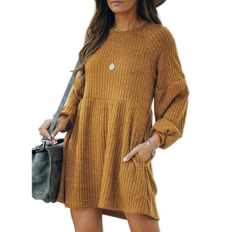 SAKA™ - Cozy Ribbed Bishop Sleeve Round Neck Mini Dress