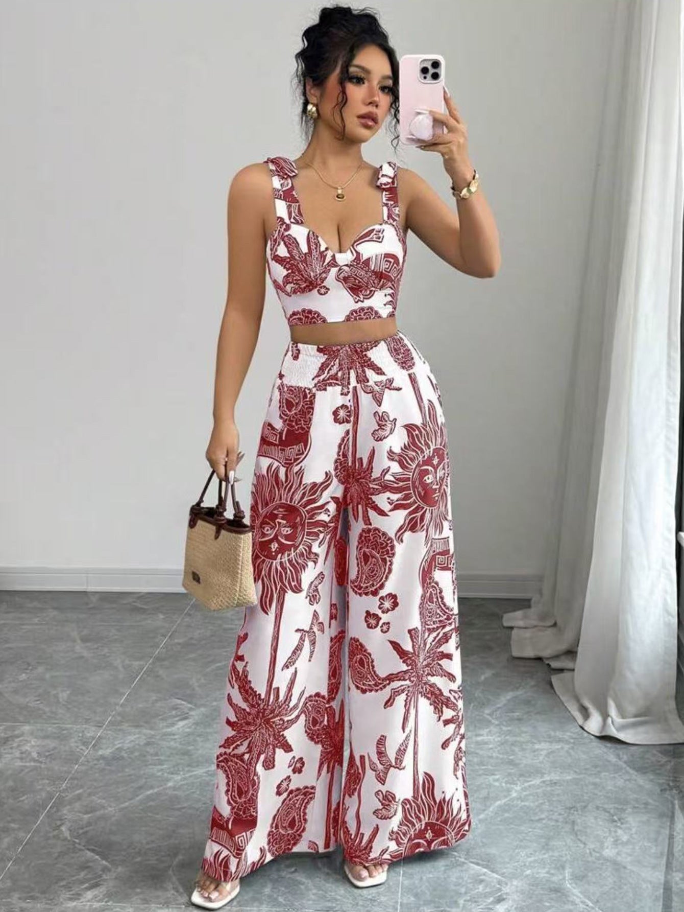 THAWDI™ - Elegant Boho Printed Crop and Wide Leg Pants Set