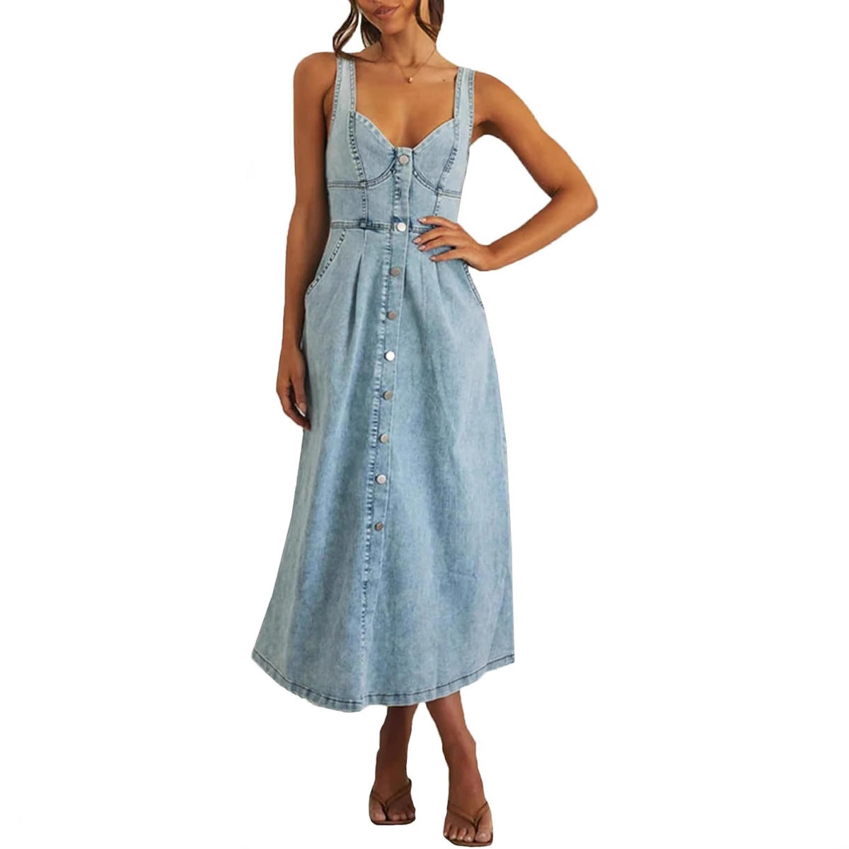 JAYLIN™ – Classic Sleeveless Button-Front Denim Dress