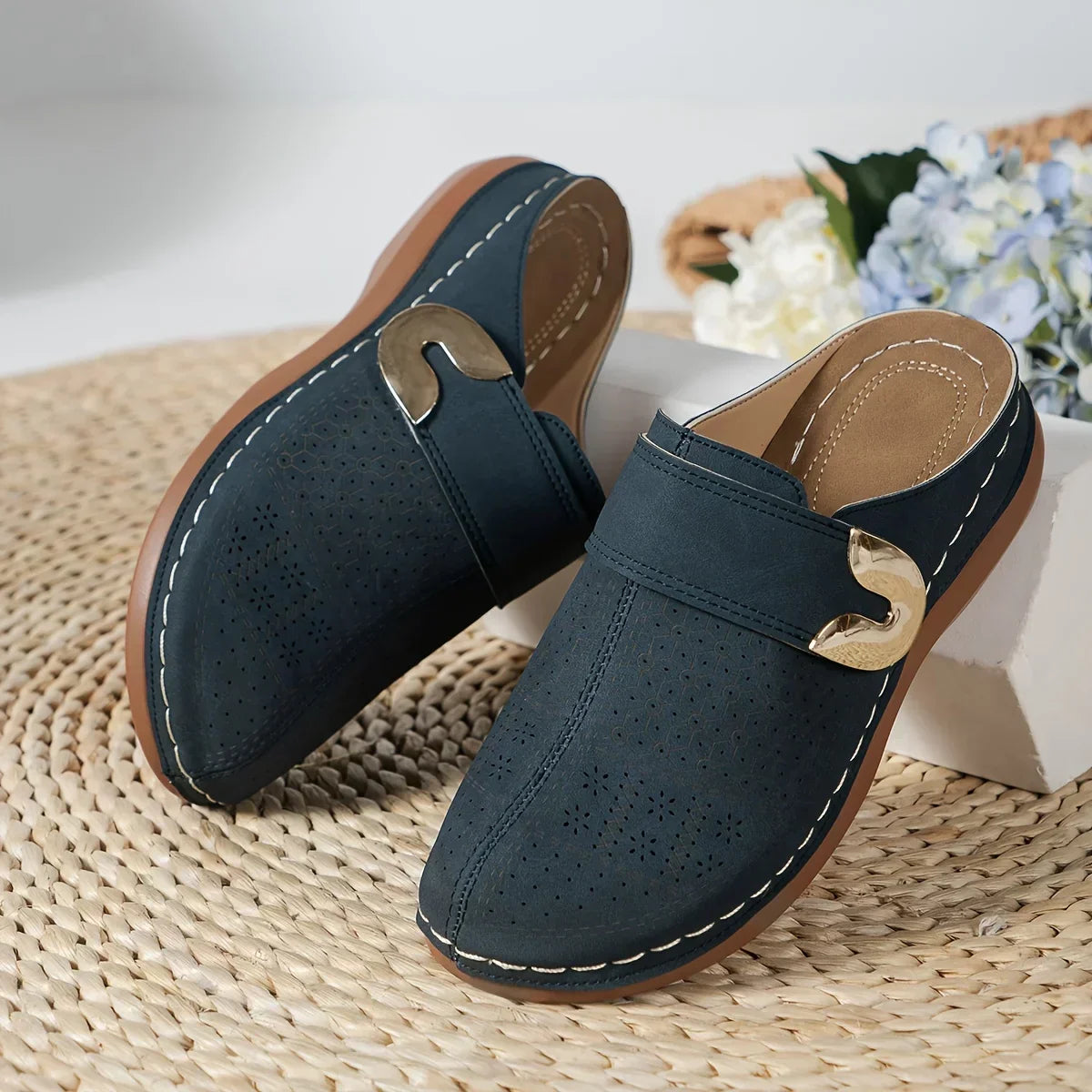 Bianca | Perforated Gold Accent Mule Loafers