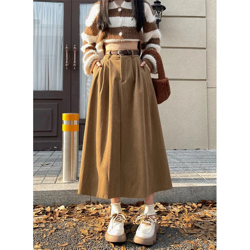 ESTELLE™ – Classic Belt Corduroy Midi Skirt 