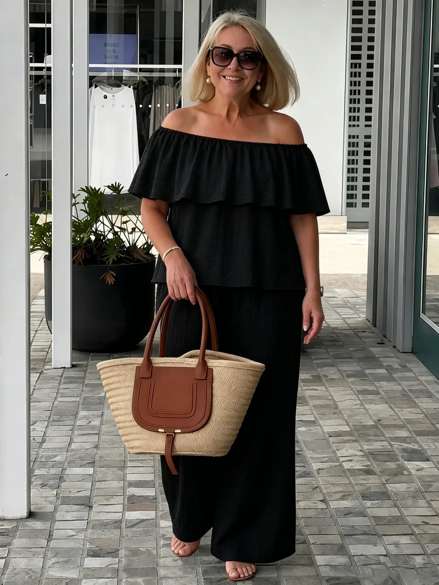 Alessia | Off-Shoulder Lounge Set with Wide Leg Pants