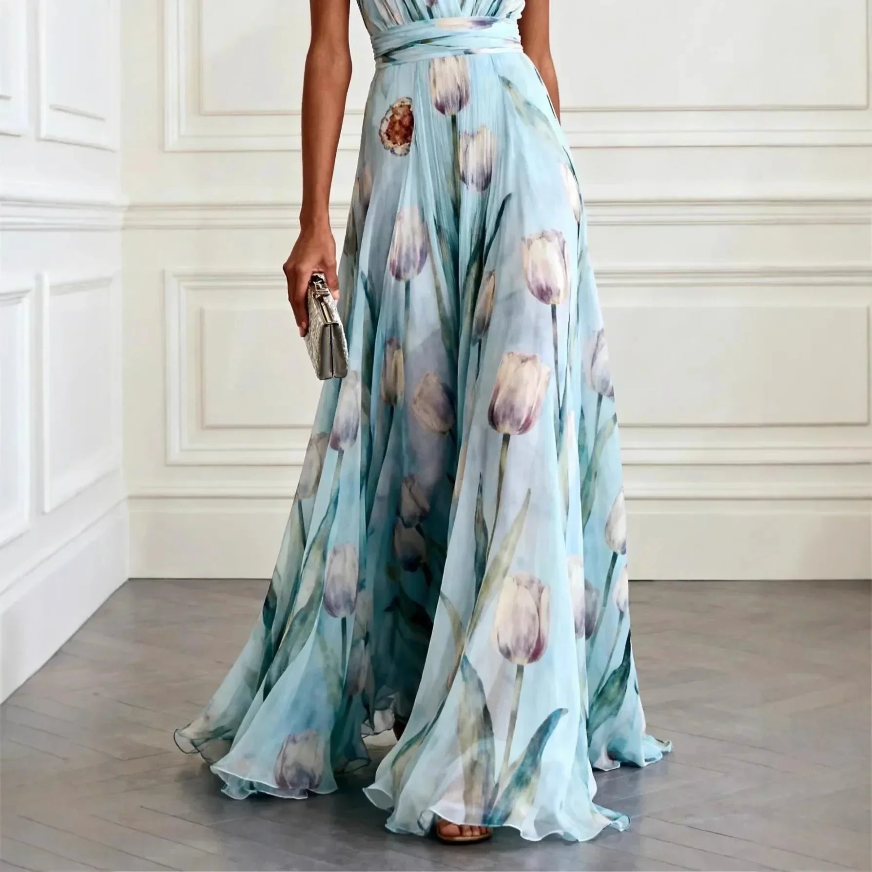 Kaelyn | Floral Deep V Neck Chiffon Maxi Dress Wedding Guest