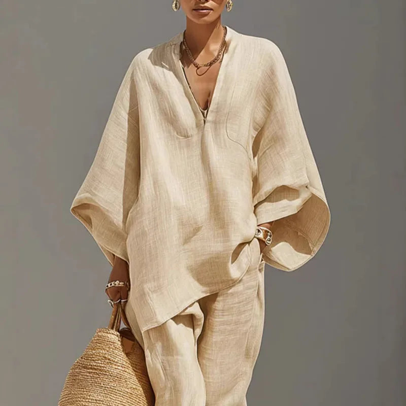 Cordella | Relaxed Linen Two Piece Set V Neck Top Pants