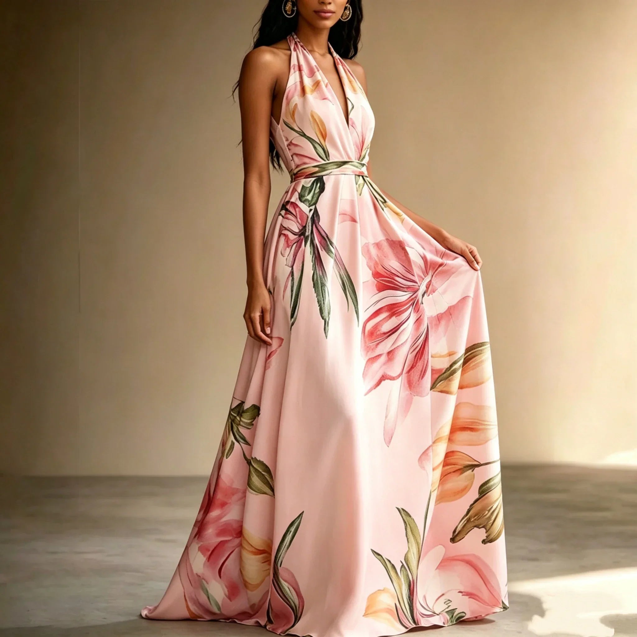 Loraine | Floral Halter Maxi Dress Wedding Guest Dress