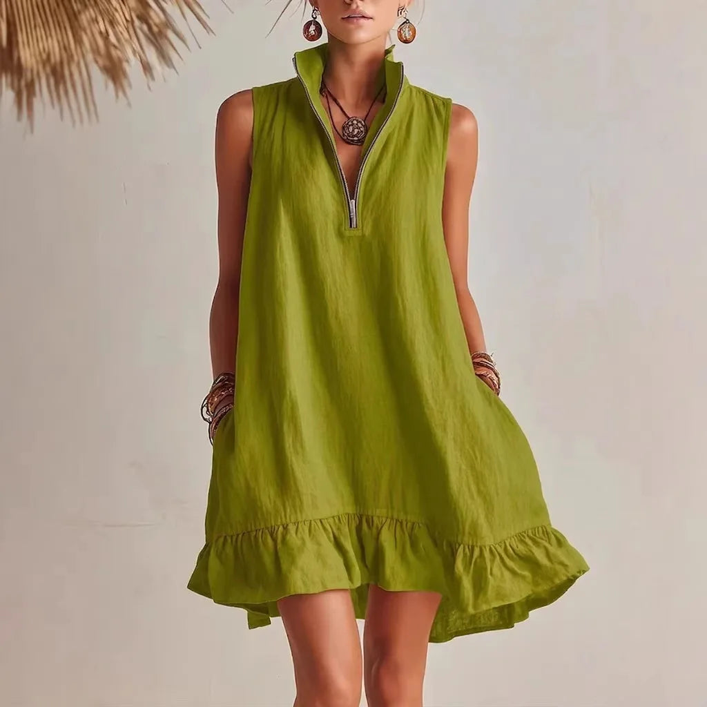 Mila | Sleeveless Ruffle Hem Mini Dress with Zip Neck