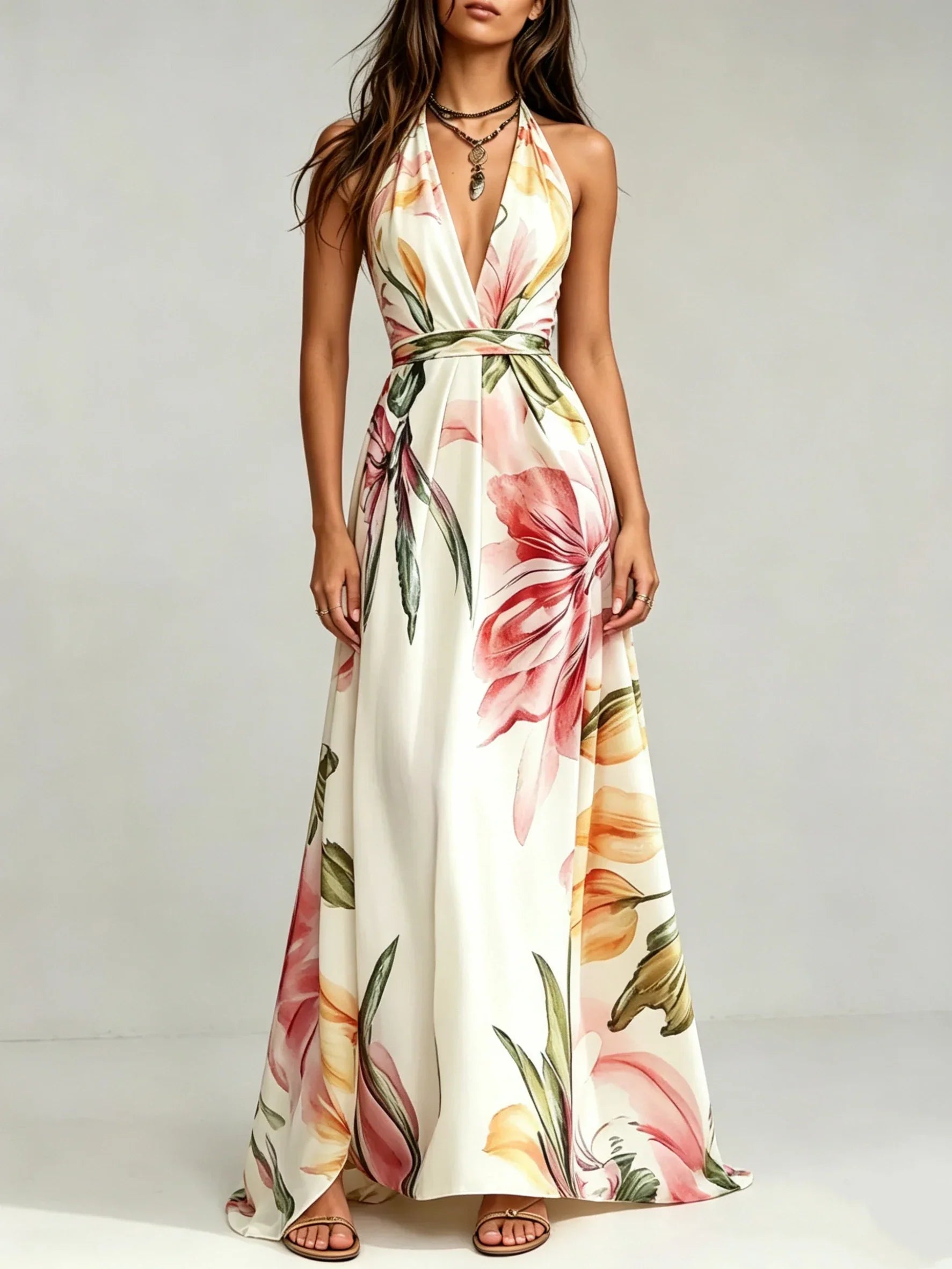 Loraine | Floral Halter Maxi Dress Wedding Guest Dress