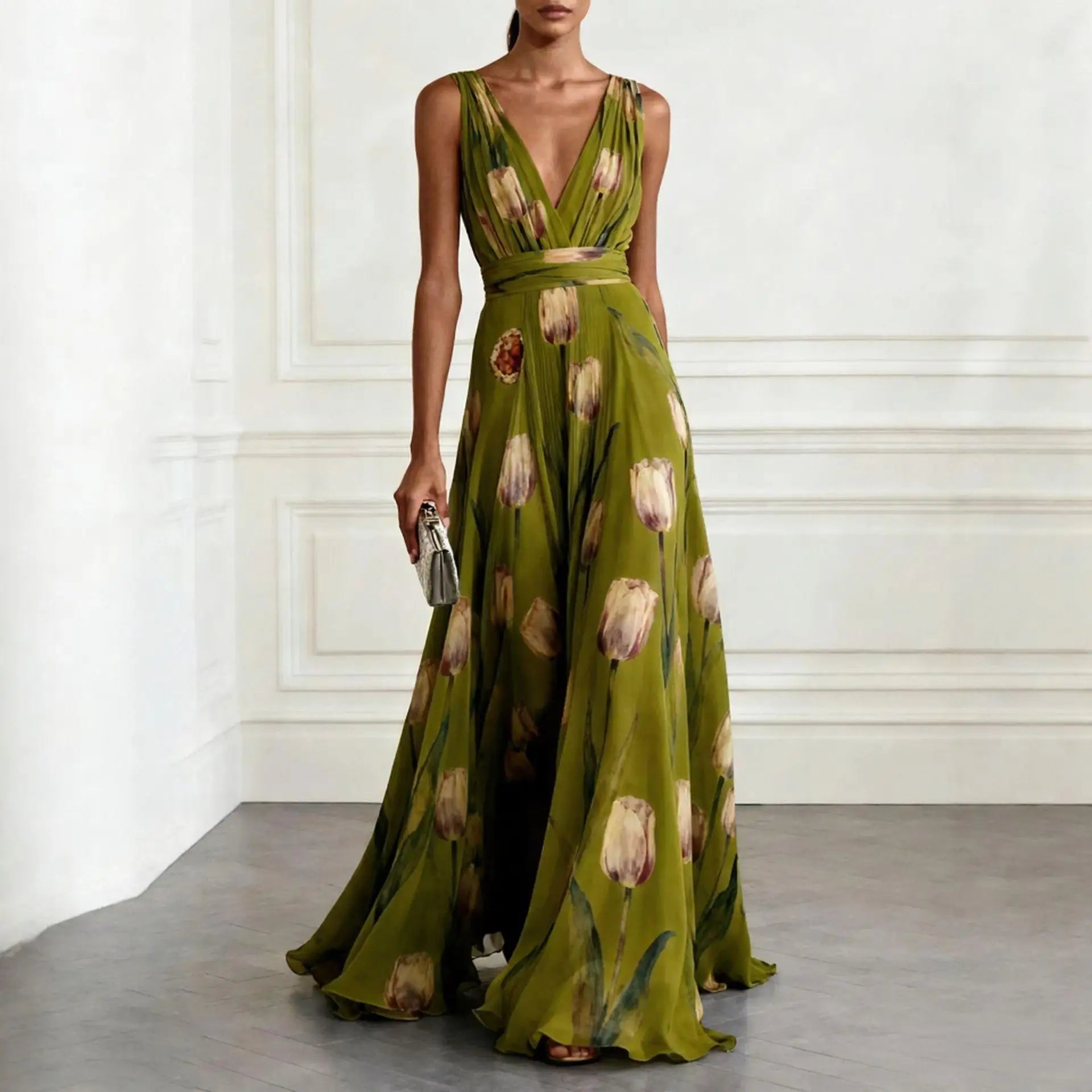 Kaelyn | Floral Deep V Neck Chiffon Maxi Dress Wedding Guest