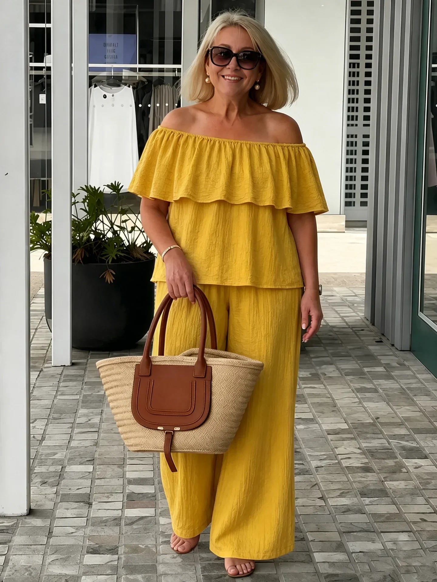 Alessia | Off-Shoulder Lounge Set with Wide Leg Pants