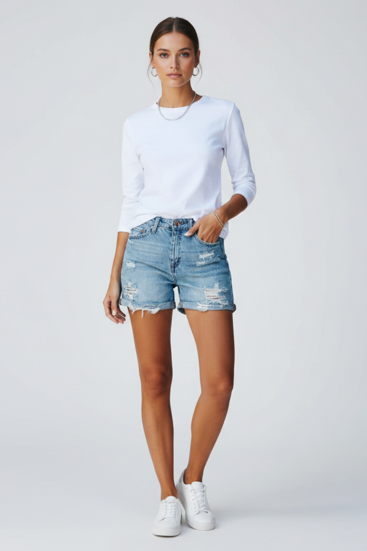 Sadie | Mid-Rise Distressed Frayed Hem Denim Shorts