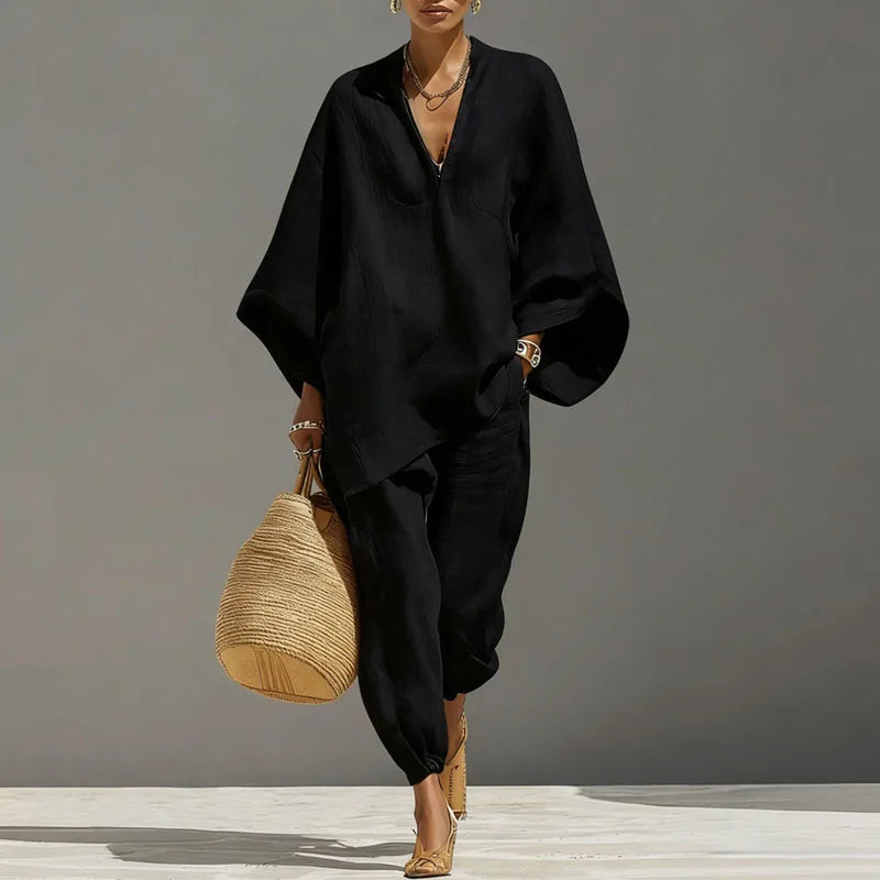 Cordella | Relaxed Linen Two Piece Set V Neck Top Pants