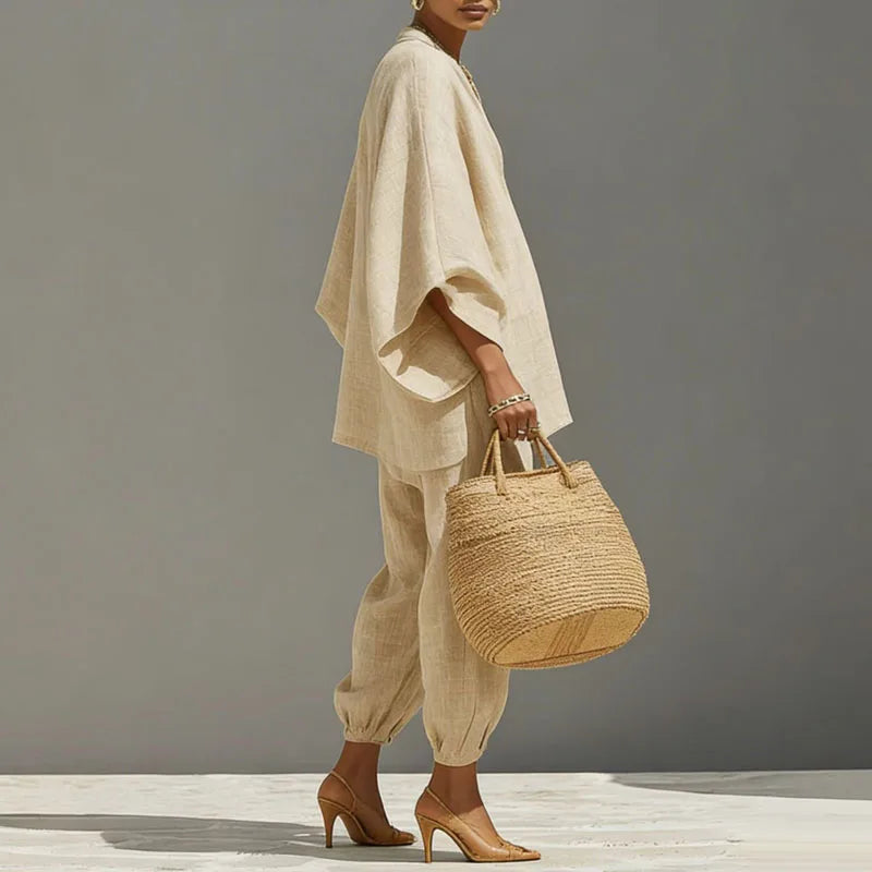 Cordella | Relaxed Linen Two Piece Set V Neck Top Pants
