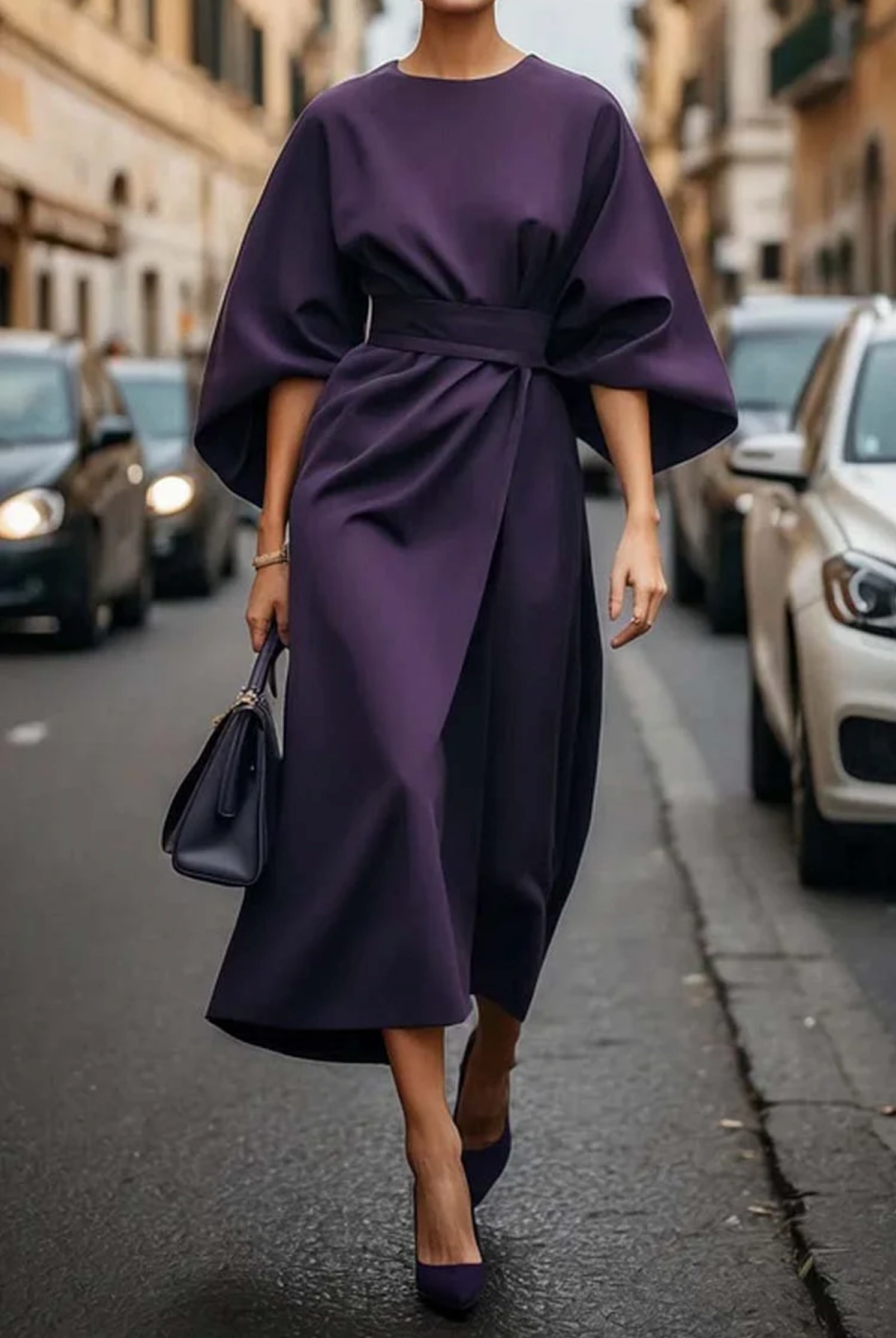 Presley | Elegant Wide Sleeve Belted Midi Dress