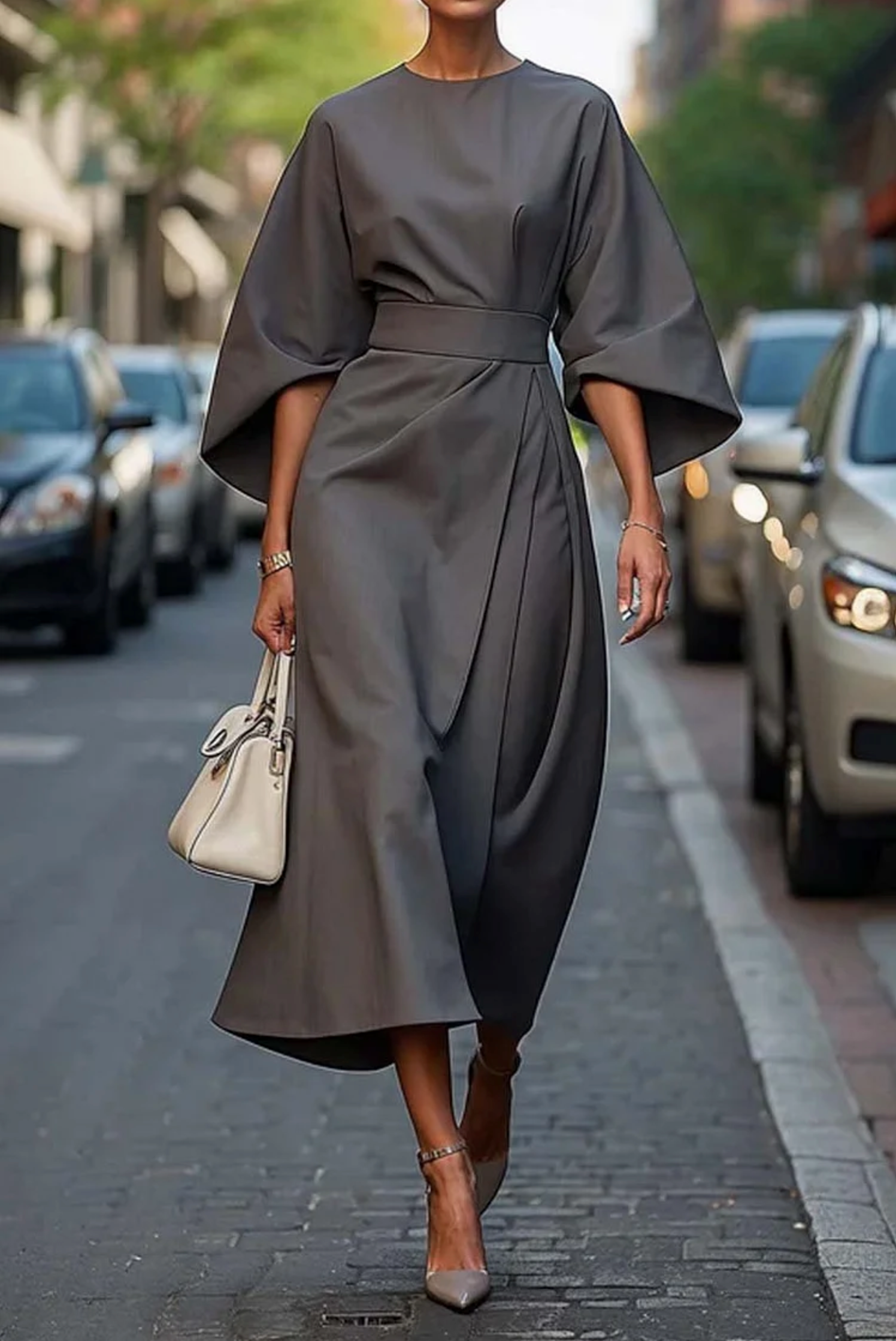 Presley | Elegant Wide Sleeve Belted Midi Dress