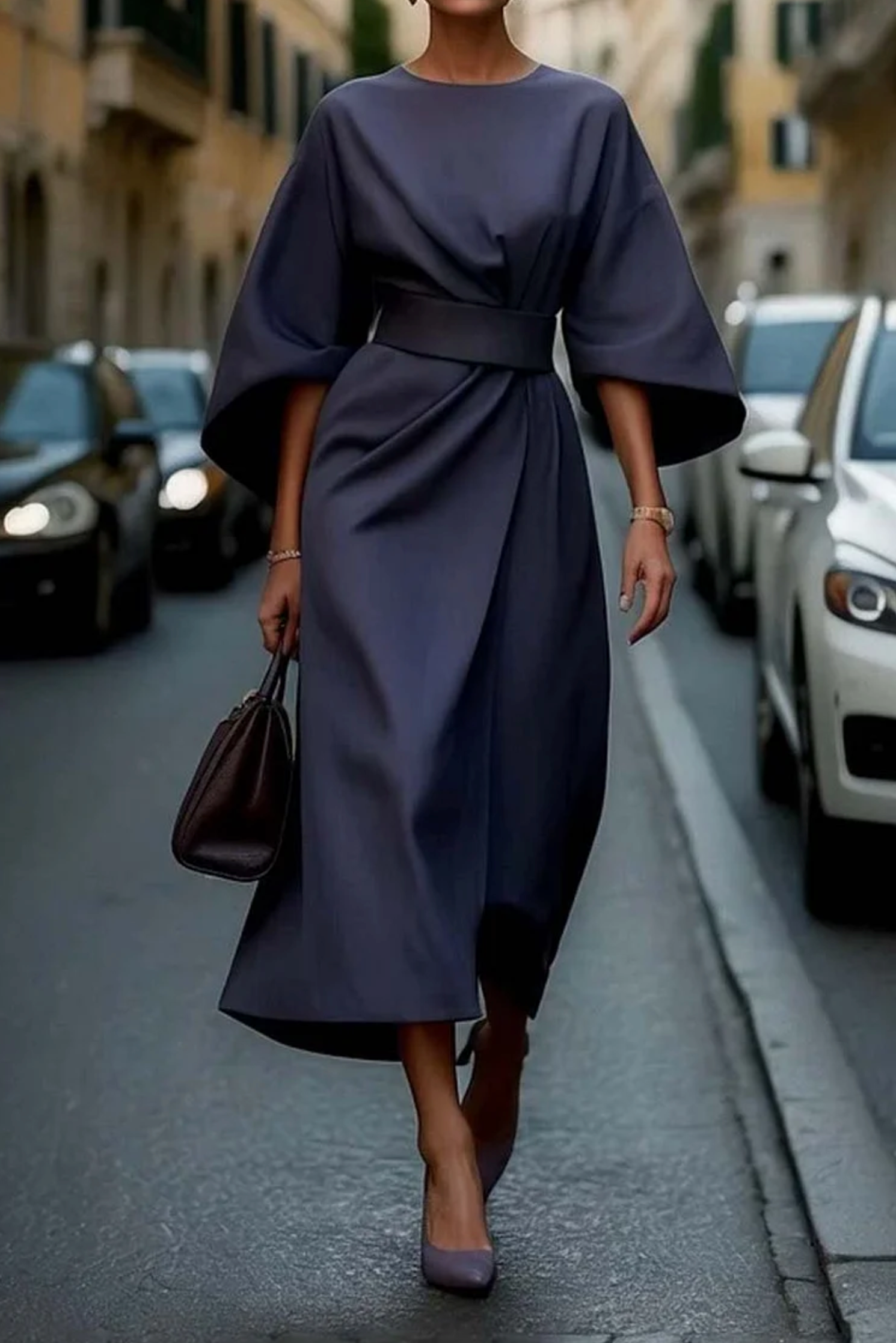 Presley | Elegant Wide Sleeve Belted Midi Dress