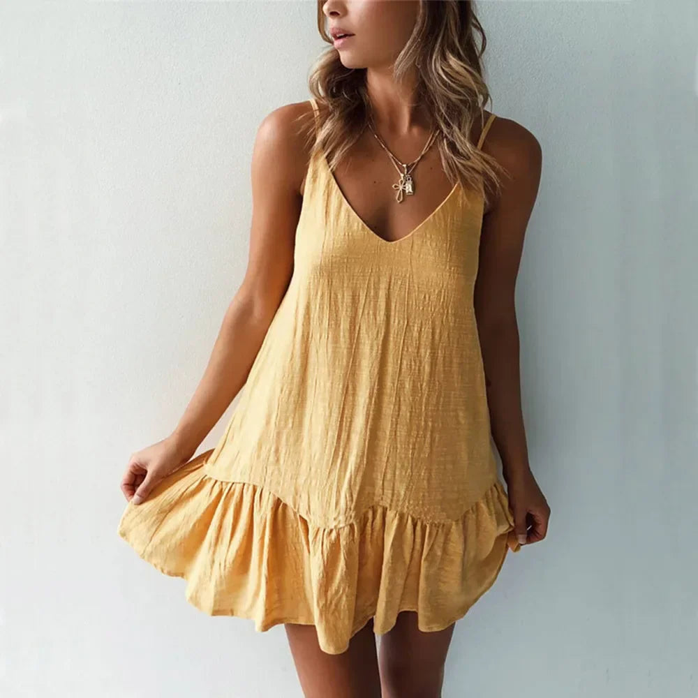 Riyana | Linen Mini Dress with Ruffle Hem