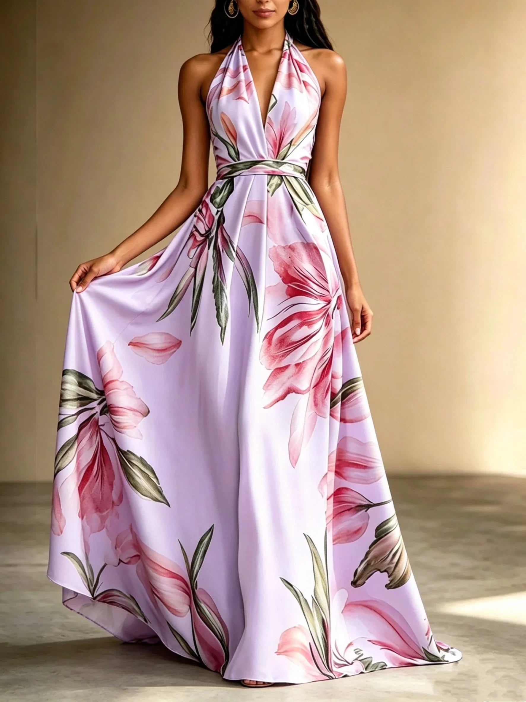 Loraine | Floral Halter Maxi Dress Wedding Guest Dress