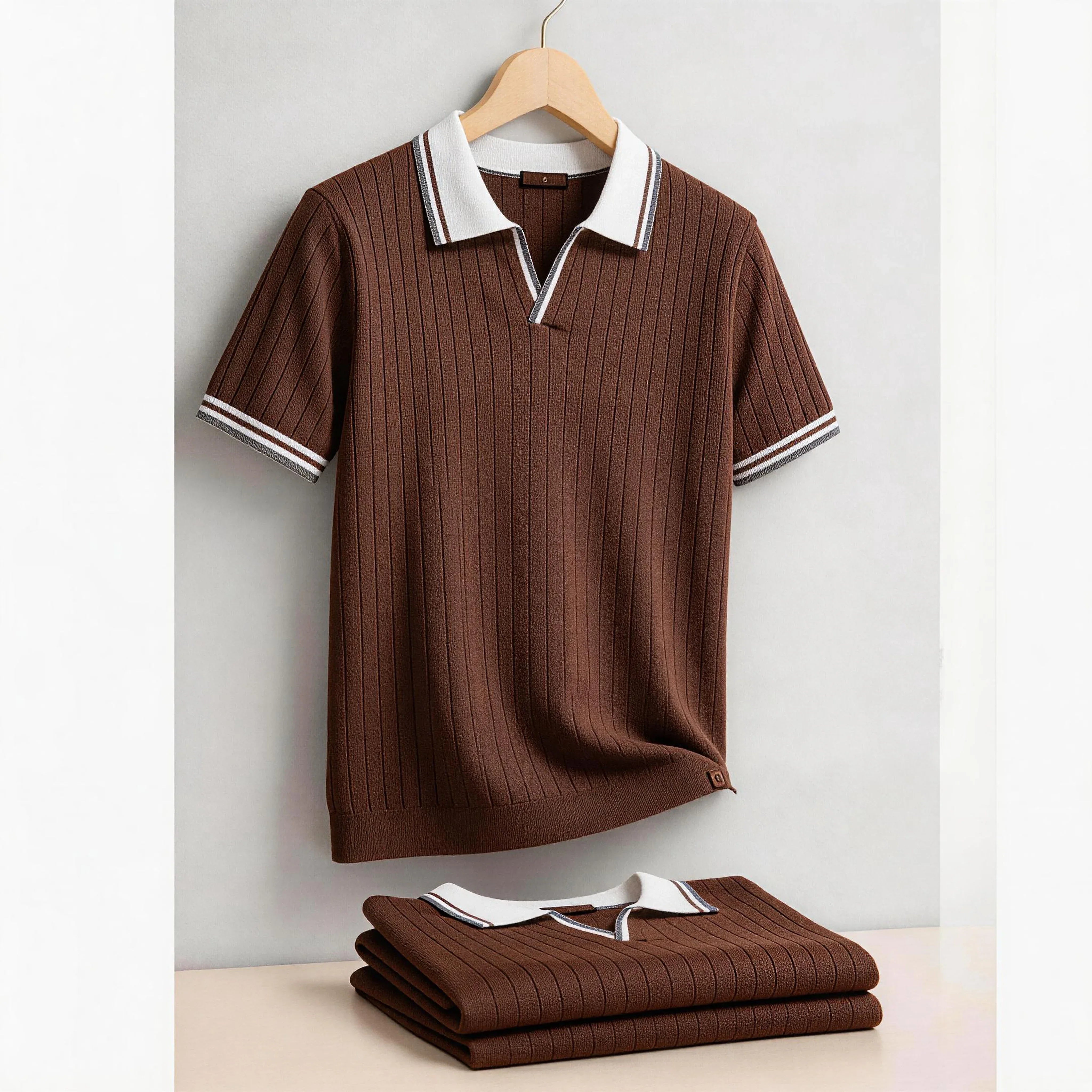 Soren | Ribbed Knit Polo Shirt with Contrast Collar