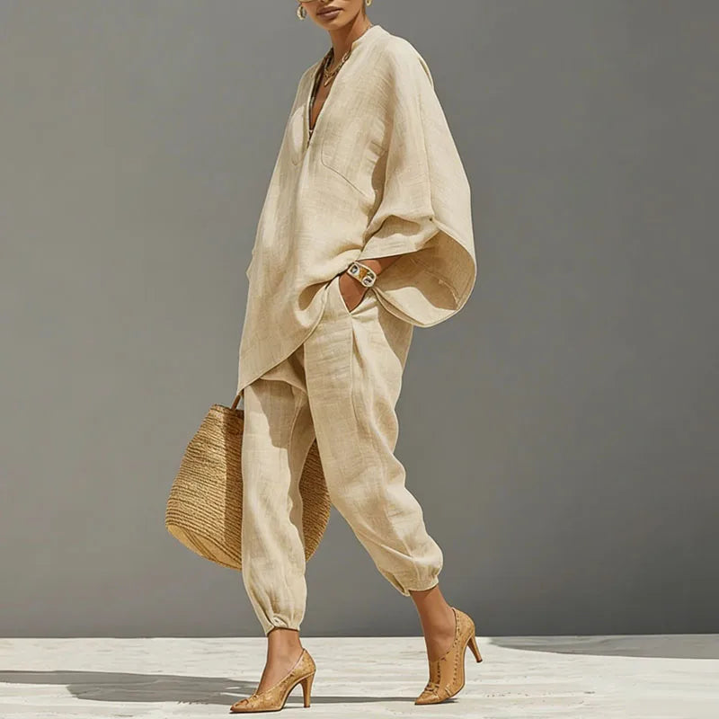 Cordella | Relaxed Linen Two Piece Set V Neck Top Pants