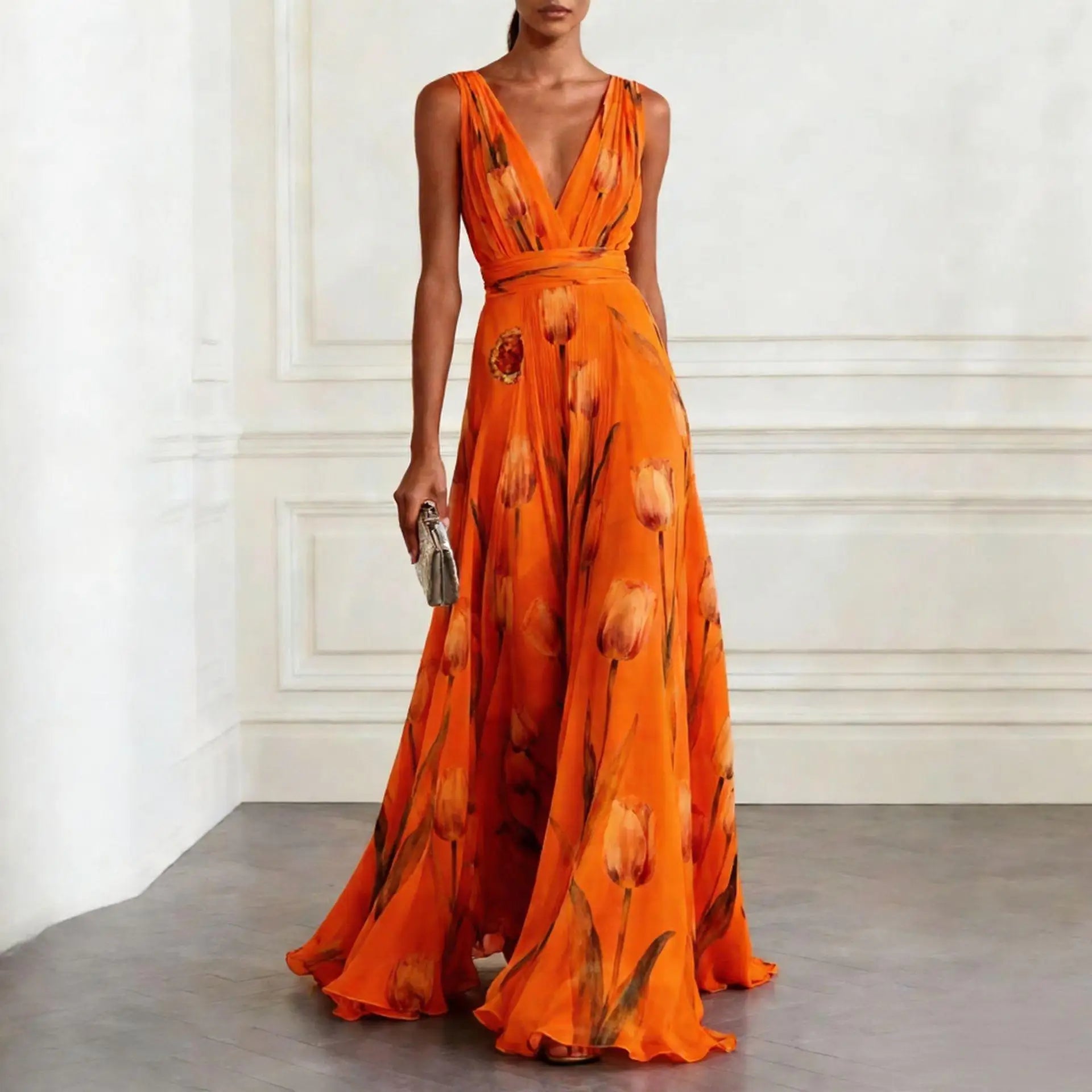 Kaelyn | Floral Deep V Neck Chiffon Maxi Dress Wedding Guest