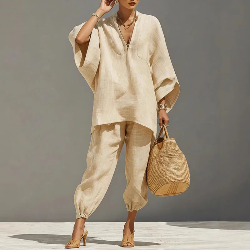 Cordella | Relaxed Linen Two Piece Set V Neck Top Pants