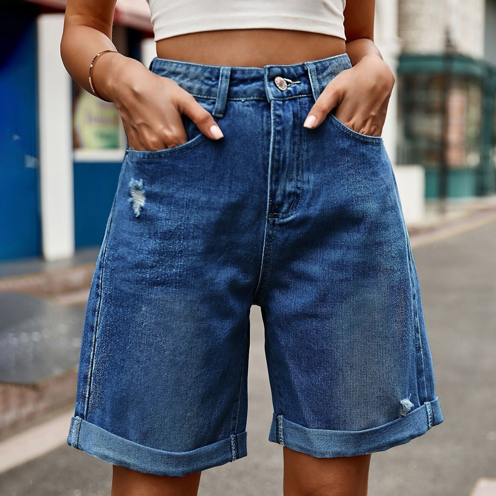 Syrine | Cuffed High Waist Denim Shorts