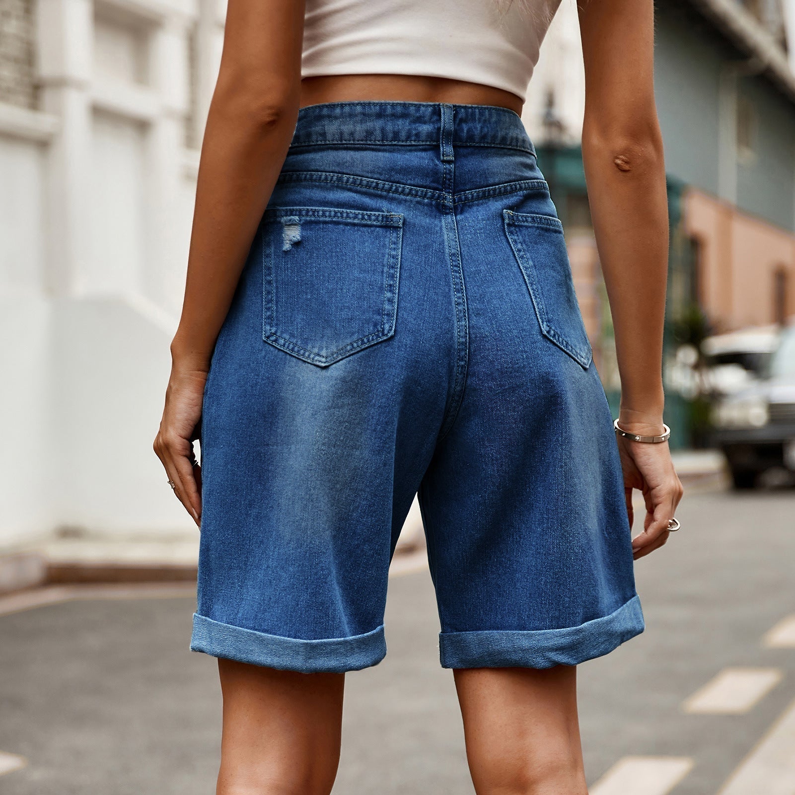 Syrine | Cuffed High Waist Denim Shorts