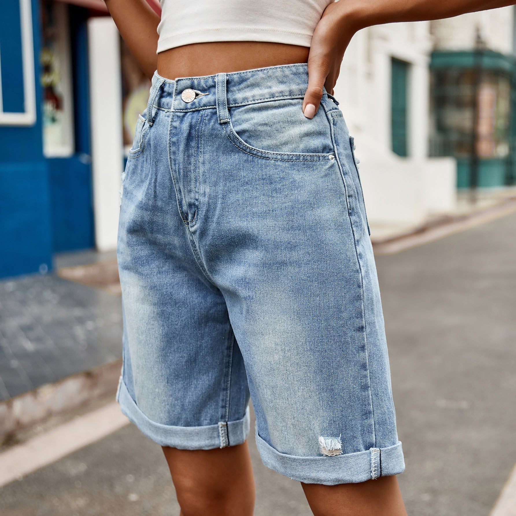 Syrine | Cuffed High Waist Denim Shorts