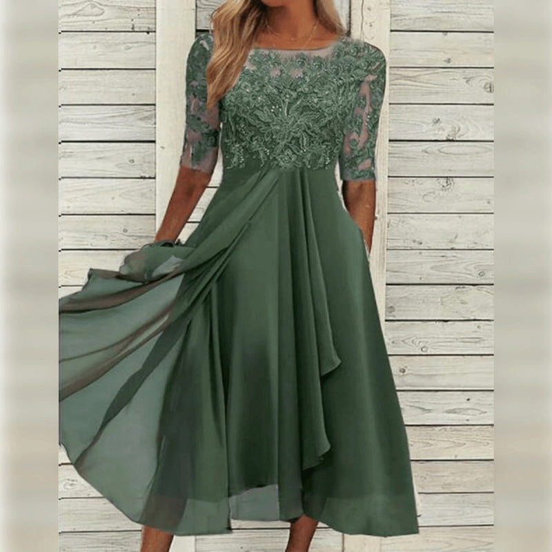 Seraphelle | Lace Sleeve Wedding Guest Midi Dress