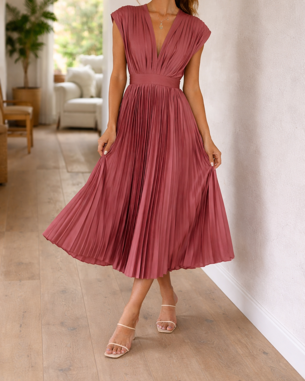 Selene | Pleated Maxi Dress with Deep V Neck