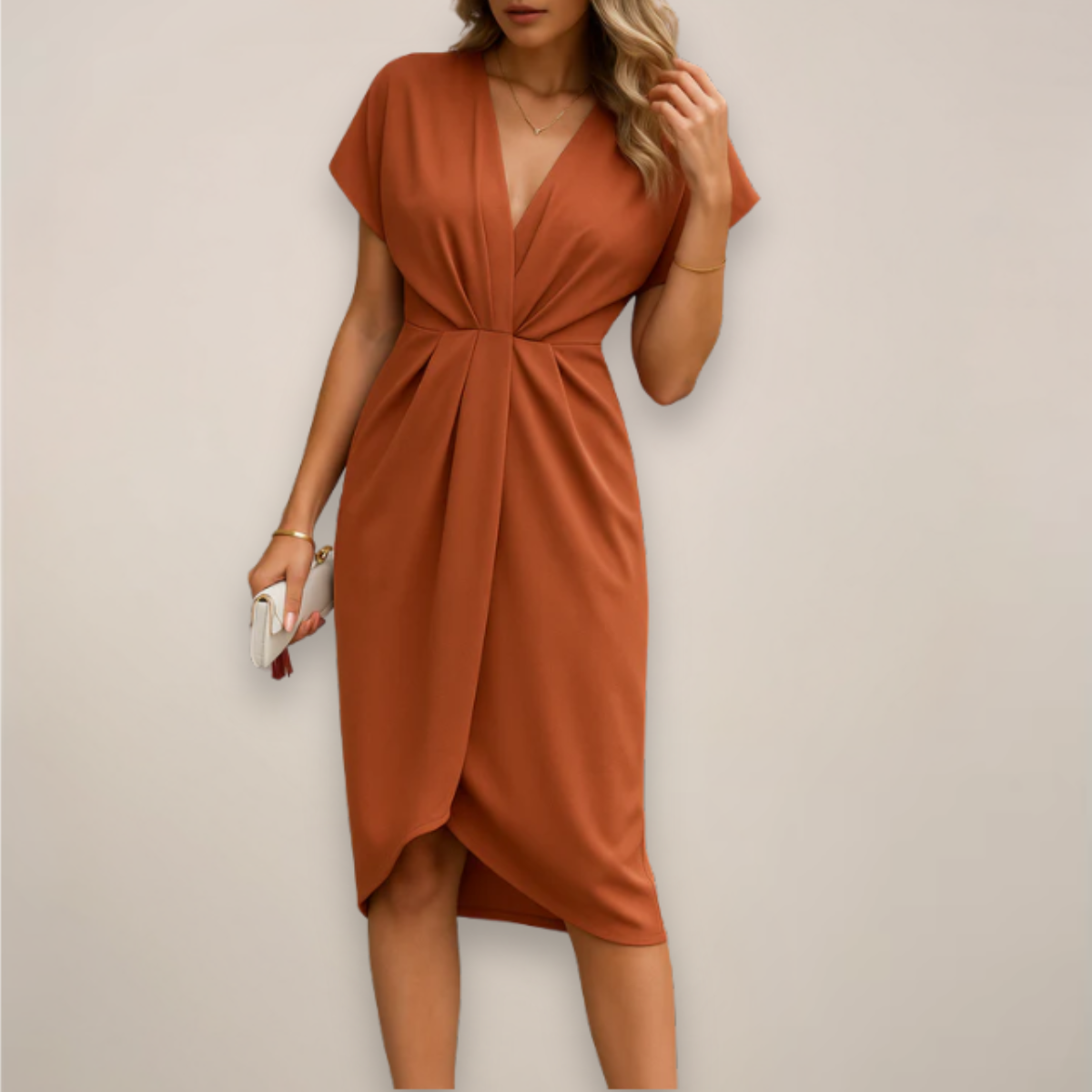 Elena | Women's Elegant Wrap Midi Dress with Draped Waist Detail