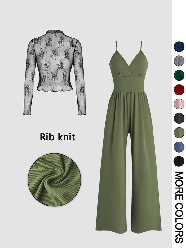 MARYAM™ - Solid Color Lace Tee &amp; Pocket Jumpsuit Set for Spring &amp; Fall